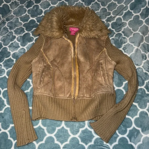 Girls Brown Faux Fur Trim Jacket - Picture 1 of 5
